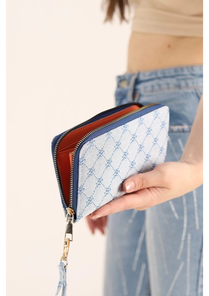 Bebe Mavisi Desenli Fermuarlı Bilek Askılı Kadın Cüzdan fiyatları