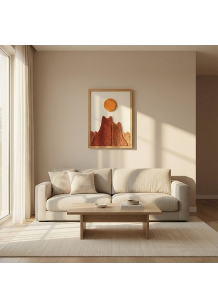 El Yapımı Tufting Tablo | Kedi Ailesi ve Güneş Temalı Cut Pile Duvar Dekoru | Doğal Ahşap Çerçeveli