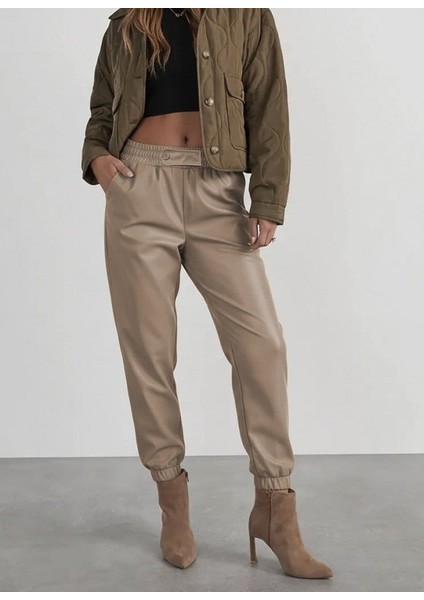 Kadın Yüksek Bel Lastikli Önü Düğmeli Deri Pantolon fırsatları