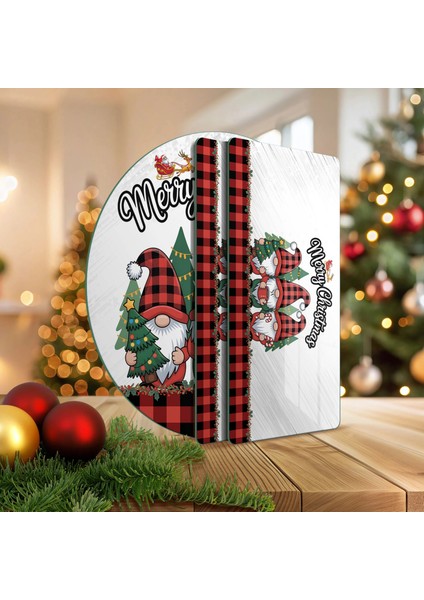 Cam Sunum Servis Tabağı 3'lü Yuvarlak Set Yılbaşı Gnome Cüce Desenli