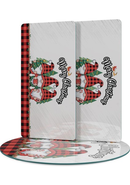 Cam Sunum Servis Tabağı 3'lü Yuvarlak Set Yılbaşı Gnome Cüce Desenli modelleri