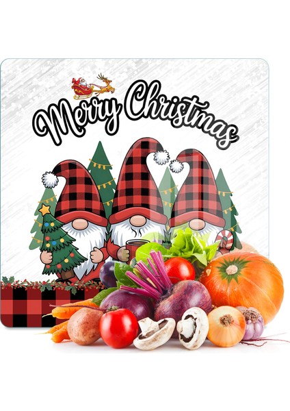 Cam Kesme Tahtası ve Sunumluk Kare Yılbaşı Gnome Cüce Desenli 30 x 30 cm