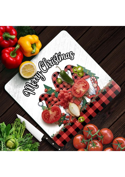Cam Kesme Tahtası ve Sunumluk Kare Yılbaşı Gnome Cüce Desenli 30 x 30 cm modelleri