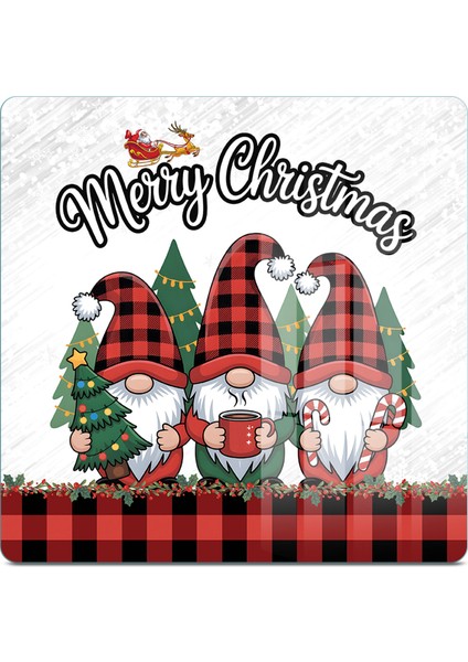 Cam Kesme Tahtası ve Sunumluk Kare Yılbaşı Gnome Cüce Desenli 30 x 30 cm