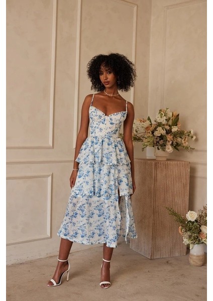 Kadın Sıfır Kol Askılı Dekolteli Yırtmaç Detay Çiçek Baskılı Süprem Midi Elbise