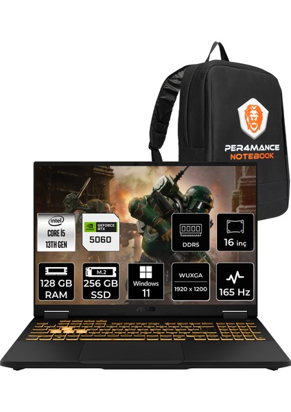 Tuf Gaming F16 Intel Core I5 13450HX 128GB 256GB SSD RTX5060/8GB 115W 16" Fhd+ 165Hz W11P Taşınabilir Bilgisayar & Per4 Çanta FX608JMRV073P475