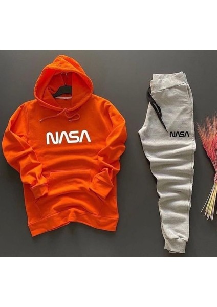 Punıx Büyük Beden Özel Seri Kapüşonlu Nasa Baskılı %100 Pamuk Kışlık Battal Erkek Eşofman Takımı