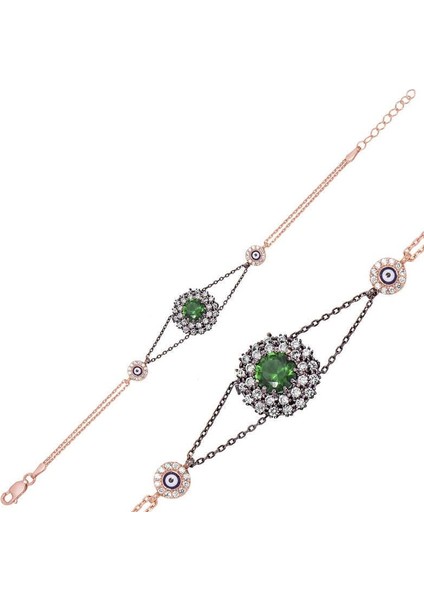 Gümüş Rose Yeşil Taşlı Otantik Bayan Bileklik