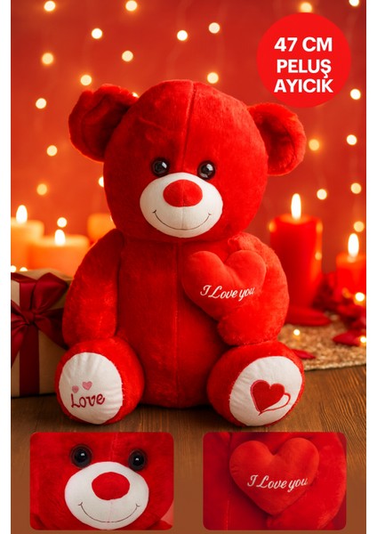 47 cm Kırmızı Peluş Ayıcık I Love You Kalpli Hediye Oyuncak Kırmızı
