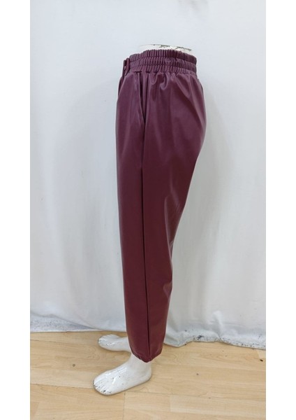 Kadın Yüksel Bel Bağcıklı Deri Pantolon