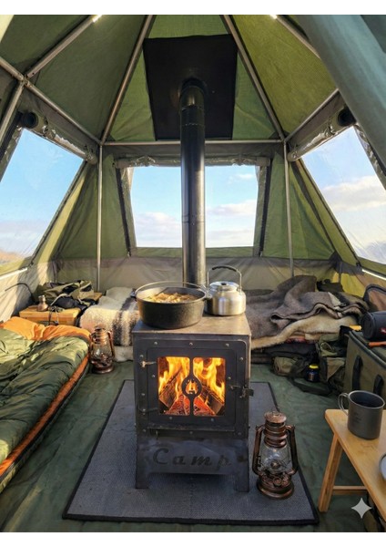 Katlanır Portatif Kamp ve Çadır Sobası - Mini Odun Sobası (Tam Set - Borular Dahil)