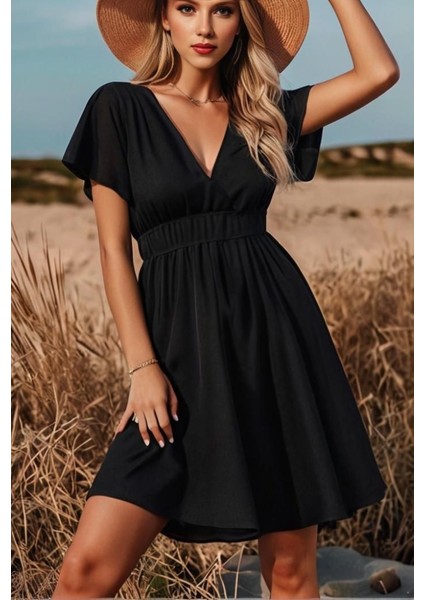 Kadın Kısa Kollu Kruvaze Yaka Beli Gipeli Bürümcük Elbise