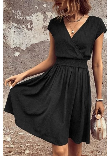 Kadın Kısa Kollu Kruvaze Yaka Beli Gipeli Bürümcük Elbise