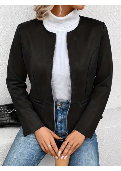 Kadın Uzun Kollu Yuvarlak Yaka Önden Fermuarlı Süet Ceket fiyatları