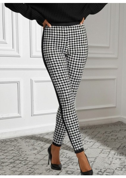 Kadın Yüksek Bel Kaz Ayağı Desenli Yanları Şeritli Dalgıç Pantolon