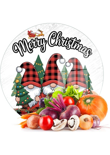 Cam Kesme Tahtası ve Sunumluk Yuvarlak Yılbaşı Gnome Cüce Desenli 30 x 30 cm