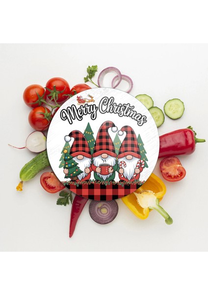 Cam Kesme Tahtası ve Sunumluk Yuvarlak Yılbaşı Gnome Cüce Desenli 30 x 30 cm fiyatları