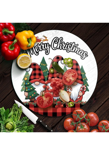 Cam Kesme Tahtası ve Sunumluk Yuvarlak Yılbaşı Gnome Cüce Desenli 30 x 30 cm modelleri