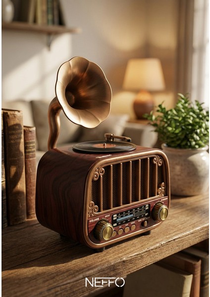 Nostaljik Gramofon Tasarımlı Bluetooth Hoparlör & Plak Çalar Görünümlü Radyo