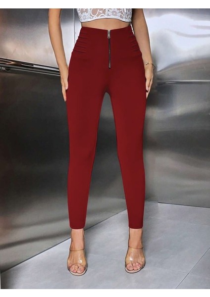 Kadın Yüksek Belli Önden Fermuar ve Nervur Detaylı Dalgıç Tayt