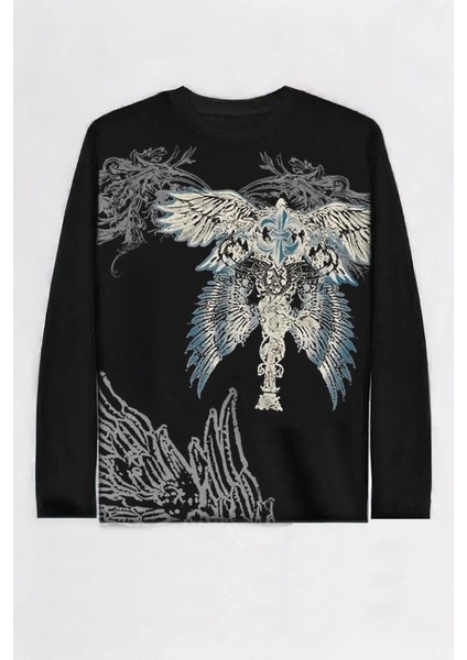 Siyah Gotik Wing Detaylı Y2K Unisex Sweatshirt