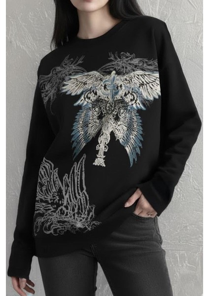 Siyah Gotik Wing Detaylı Y2K Unisex Sweatshirt fiyatları