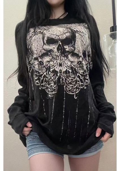 Siyah Tribal Skulls Gotik Y2K Unisex Sweatshirt