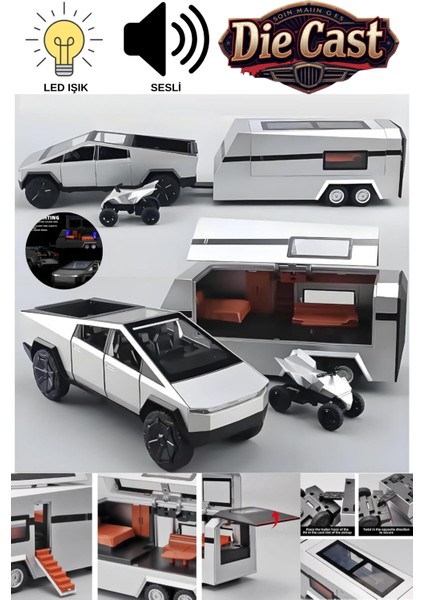 Oyuncak Die Cast Sesli Işıklı Çek Bırak Model Pickup Metal Kasa Tesla Cybertruck Kapıları Açılan Karavan ve Atv'li