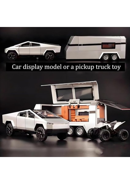 Oyuncak Die Cast Sesli Işıklı Çek Bırak Model Pickup Metal Kasa Tesla Cybertruck Kapıları Açılan Karavan ve Atv'li fiyatları