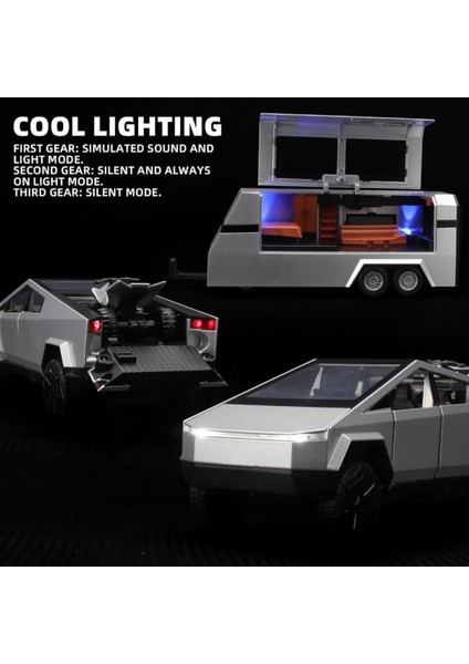 Oyuncak Die Cast Sesli Işıklı Çek Bırak Model Pickup Metal Kasa Tesla Cybertruck Kapıları Açılan Karavan ve Atv'li modelleri