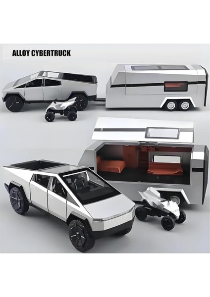 Oyuncak Die Cast Sesli Işıklı Çek Bırak Model Pickup Metal Kasa Tesla Cybertruck Kapıları Açılan Karavan ve Atv'li indirimleri