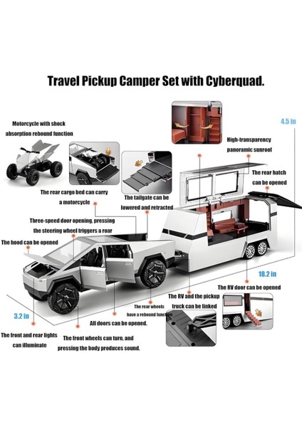 Oyuncak Die Cast Sesli Işıklı Çek Bırak Model Pickup Metal Kasa Tesla Cybertruck Kapıları Açılan Karavan ve Atv'li