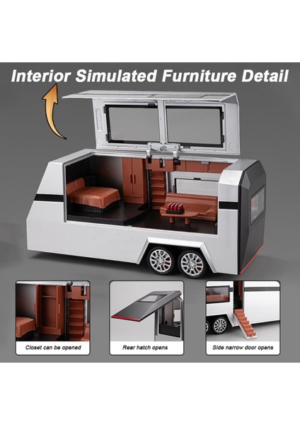 Oyuncak Die Cast Sesli Işıklı Çek Bırak Model Pickup Metal Kasa Tesla Cybertruck Kapıları Açılan Karavan ve Atv'li