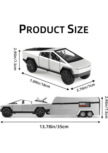 Oyuncak Die Cast Sesli Işıklı Çek Bırak Model Pickup Metal Kasa Tesla Cybertruck Kapıları Açılan Karavan ve Atv'li