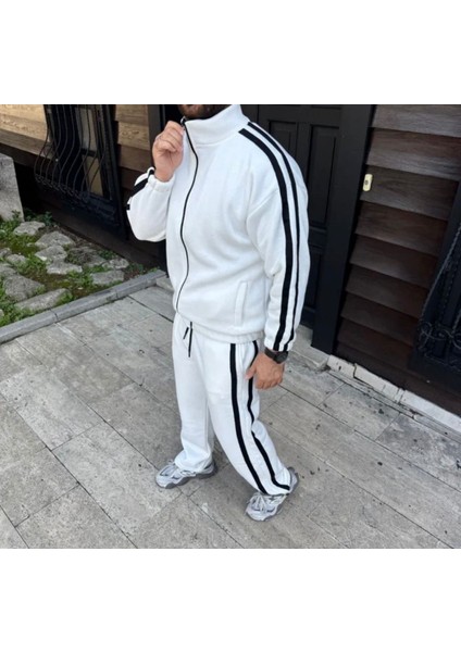 Erkek Çift Şeritli Eşofman Takım Dik Yaka Fermuarlı Sweatshirt Boru Paça Alt, Oversize 3 Iplik Pamuklu