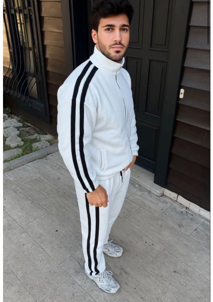 Erkek Çift Şeritli Eşofman Takım Dik Yaka Fermuarlı Sweatshirt Boru Paça Alt, Oversize 3 Iplik Pamuklu modelleri