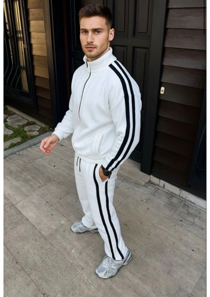 Erkek Çift Şeritli Eşofman Takım Dik Yaka Fermuarlı Sweatshirt Boru Paça Alt, Oversize 3 Iplik Pamuklu fırsatları