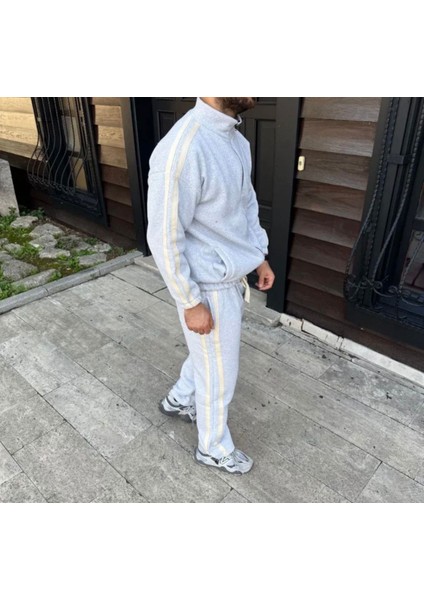 Erkek Çift Şeritli Eşofman Takım Dik Yaka Fermuarlı Sweatshirt Boru Paça Alt, Oversize 3 Iplik Pamuklu indirimleri