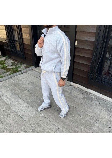 Erkek Çift Şeritli Eşofman Takım Dik Yaka Fermuarlı Sweatshirt Boru Paça Alt, Oversize 3 Iplik Pamuklu