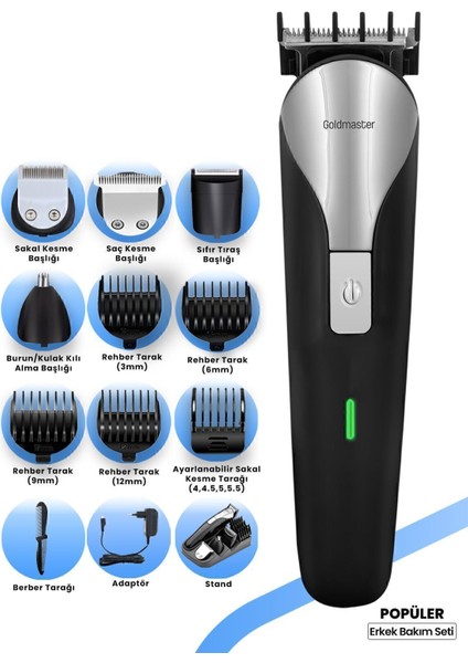 Paslanmaz Çelik Adaptörlü Standlı Erkek Bakım Seti, Kablolu ve Kablosuz Kullanım