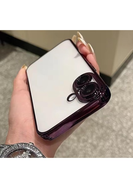 iPhone 17 Kılıf Tam Kamera Lens Koruyucu Metalik Parlak Renkli Kenarlı Yumuşak Silikon Lensli Kapak Arkası Şeffaf Kapak