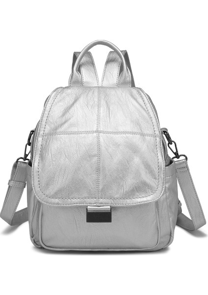 Barcelona Çok Cepli Kapak Detaylı Günlük Orta Boy Kadın Sırt Çantası Platin