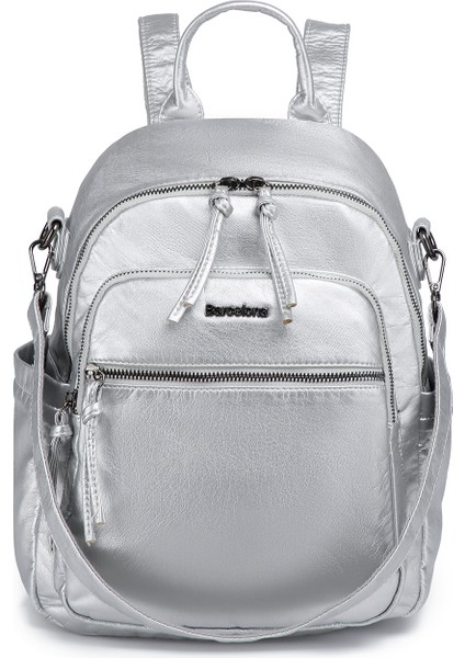 Barcelona Orta Boy Çok Cepli Omuz Askılı Spor ve Günlük Kadın Sırt Çantası Platin