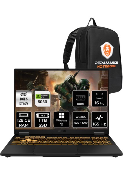 Tuf Gaming F16 Intel Core I5 13450HX 128GB 1tb SSD RTX5060/8GB 115W 16" Fhd+ 165Hz W11H Taşınabilir Bilgisayar & Per4 Çanta FX608JMRV073P417