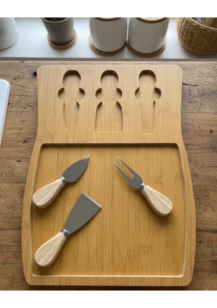 3 Bıçaklı Ahşap Peynir Sunum Tahtası ve Kahvaltı Tepsisi Seti