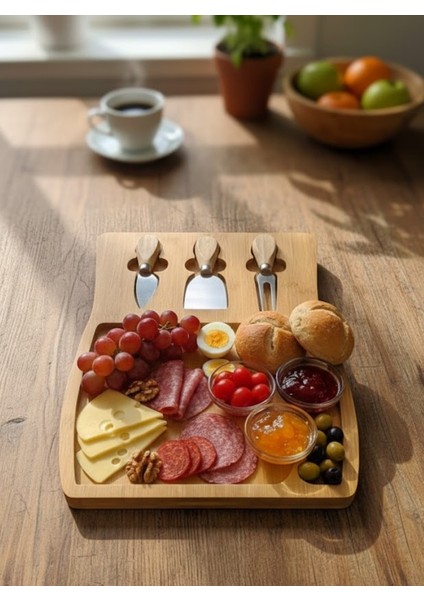 3 Bıçaklı Ahşap Peynir Sunum Tahtası ve Kahvaltı Tepsisi Seti fiyatları