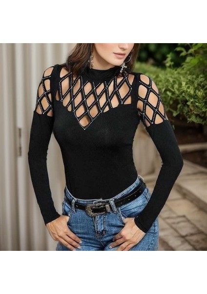 Lazer Kesimli Taş Baskılı Göğüs Dekolteli Bluz