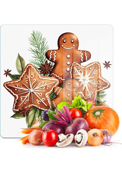 Cam Kesme Tahtası ve Sunumluk Kare Gingerbread Yılbaşı Kurabiye Desenli 30 x 30 cm