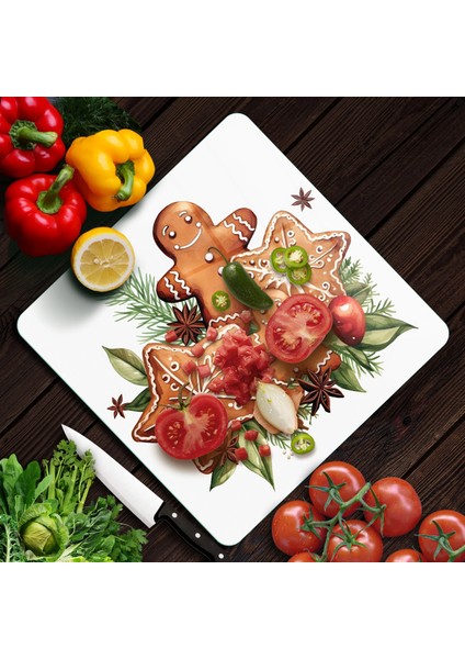 Cam Kesme Tahtası ve Sunumluk Kare Gingerbread Yılbaşı Kurabiye Desenli 30 x 30 cm modelleri