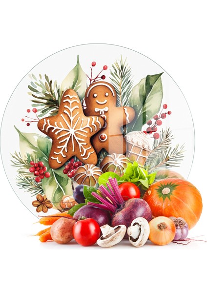 Cam Kesme Tahtası ve Sunumluk Yuvarlak Gingerbread Yılbaşı Kurabiye Desenli 30 x 30 cm
